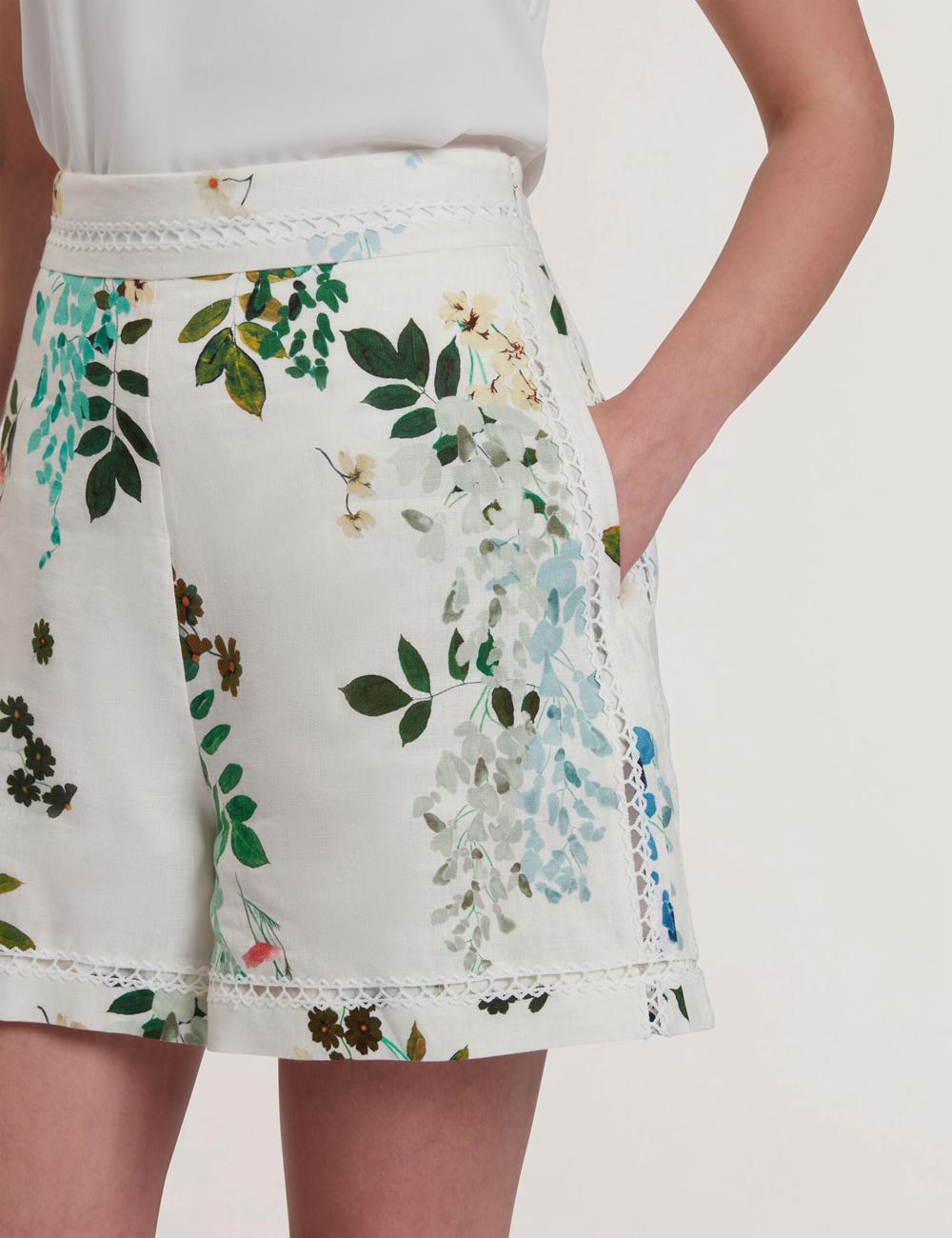 Ted Baker VYLLA - Floral High Waist Linen With Trim Detail Kurze Hose Damen Weiß | RNMXA-1248