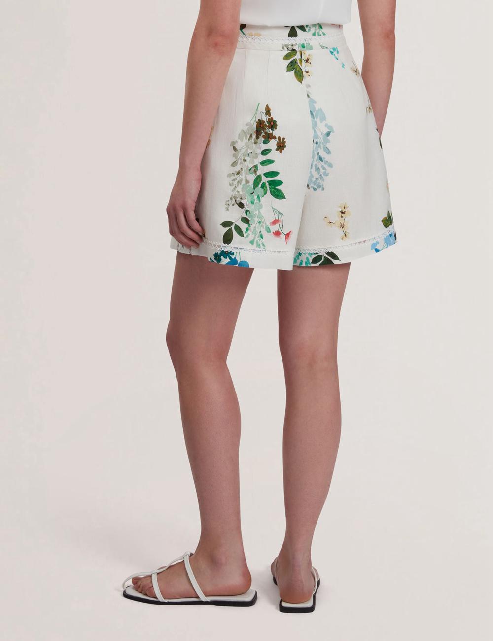 Ted Baker VYLLA - Floral High Waist Linen With Trim Detail Kurze Hose Damen Weiß | RNMXA-1248