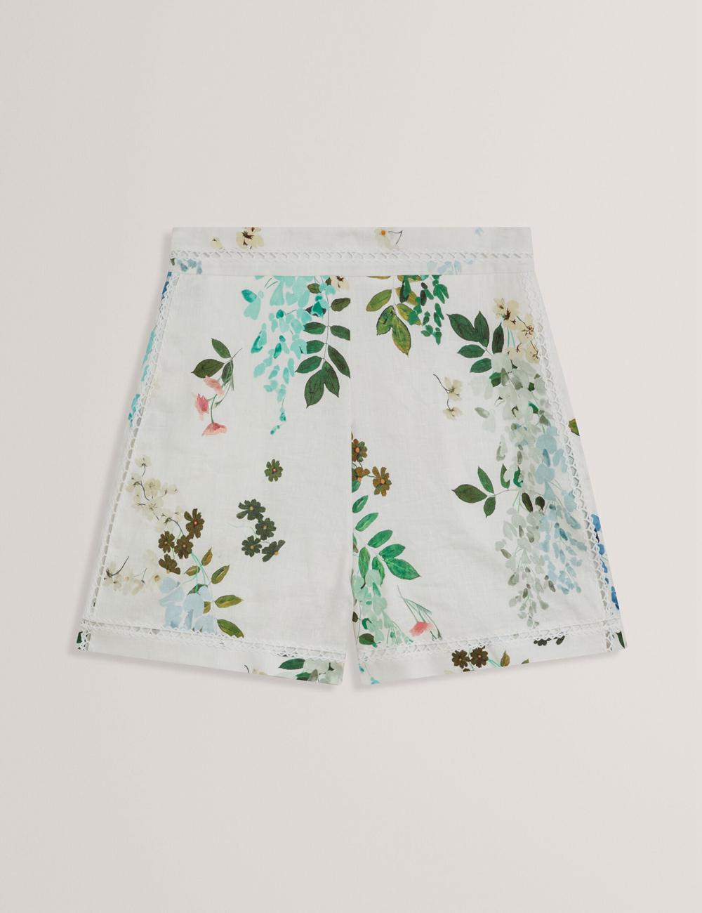 Ted Baker VYLLA - Floral High Waist Linen With Trim Detail Kurze Hose Damen Weiß | RNMXA-1248