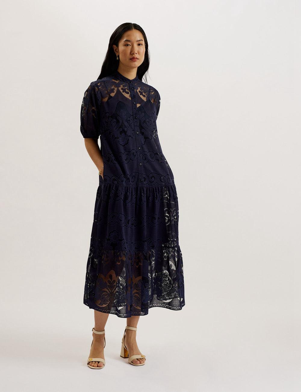 Ted Baker XATIVA - Lace Puff Sleeve Midi Shift Midi-kleid Damen Blau | JDYZR-2038