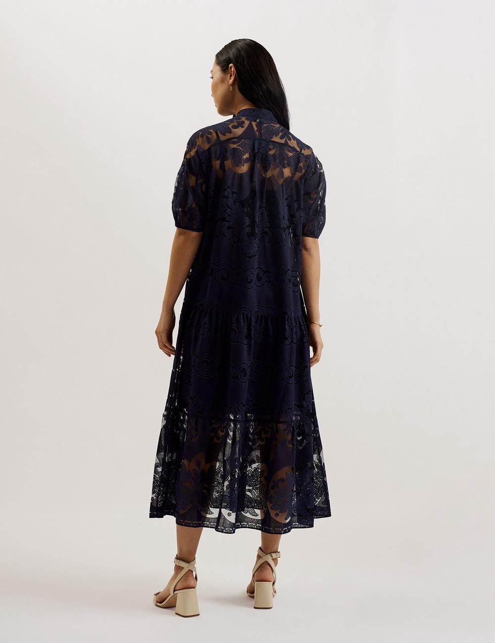 Ted Baker XATIVA - Lace Puff Sleeve Midi Shift Midi-kleid Damen Blau | JDYZR-2038