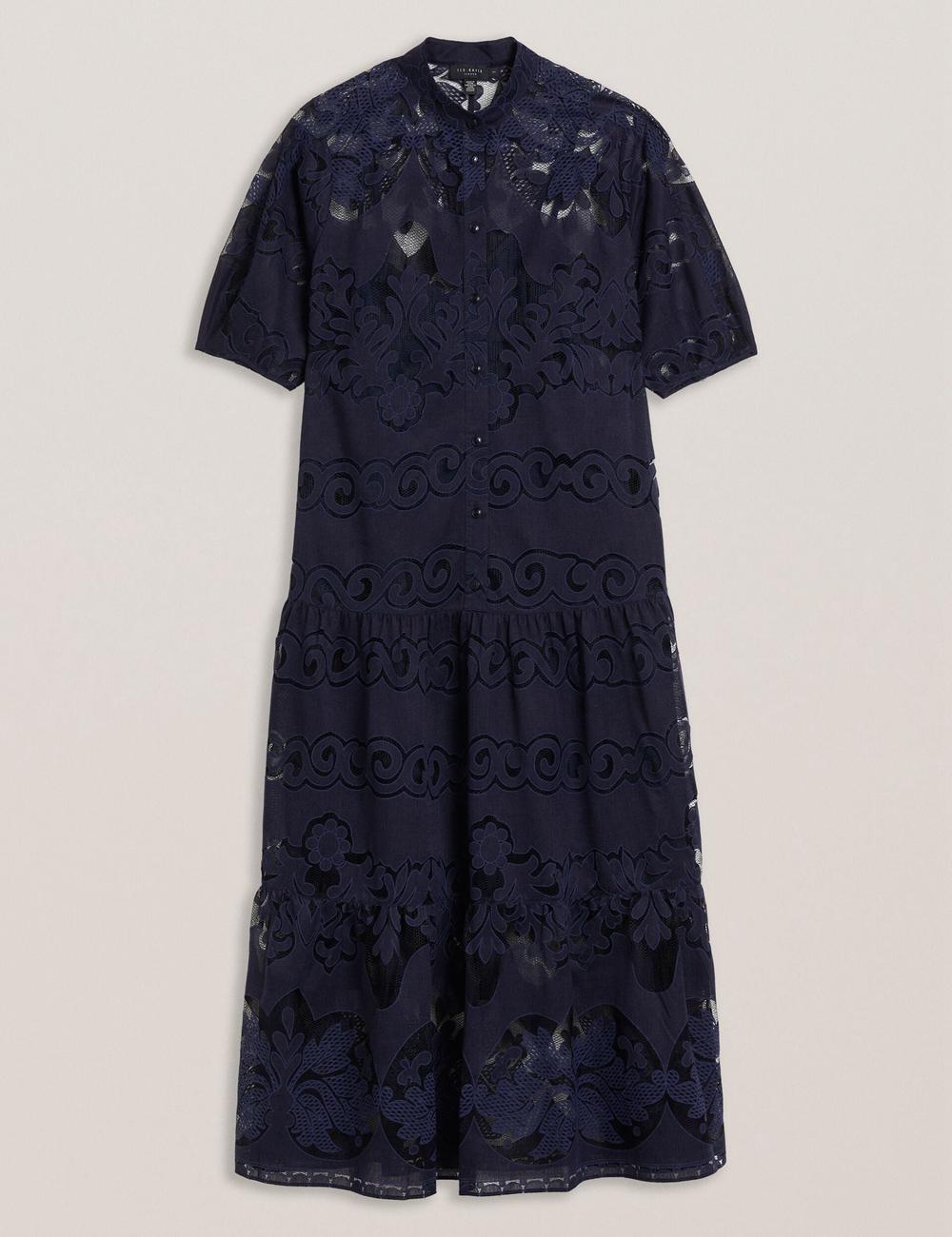 Ted Baker XATIVA - Lace Puff Sleeve Midi Shift Midi-kleid Damen Blau | JDYZR-2038