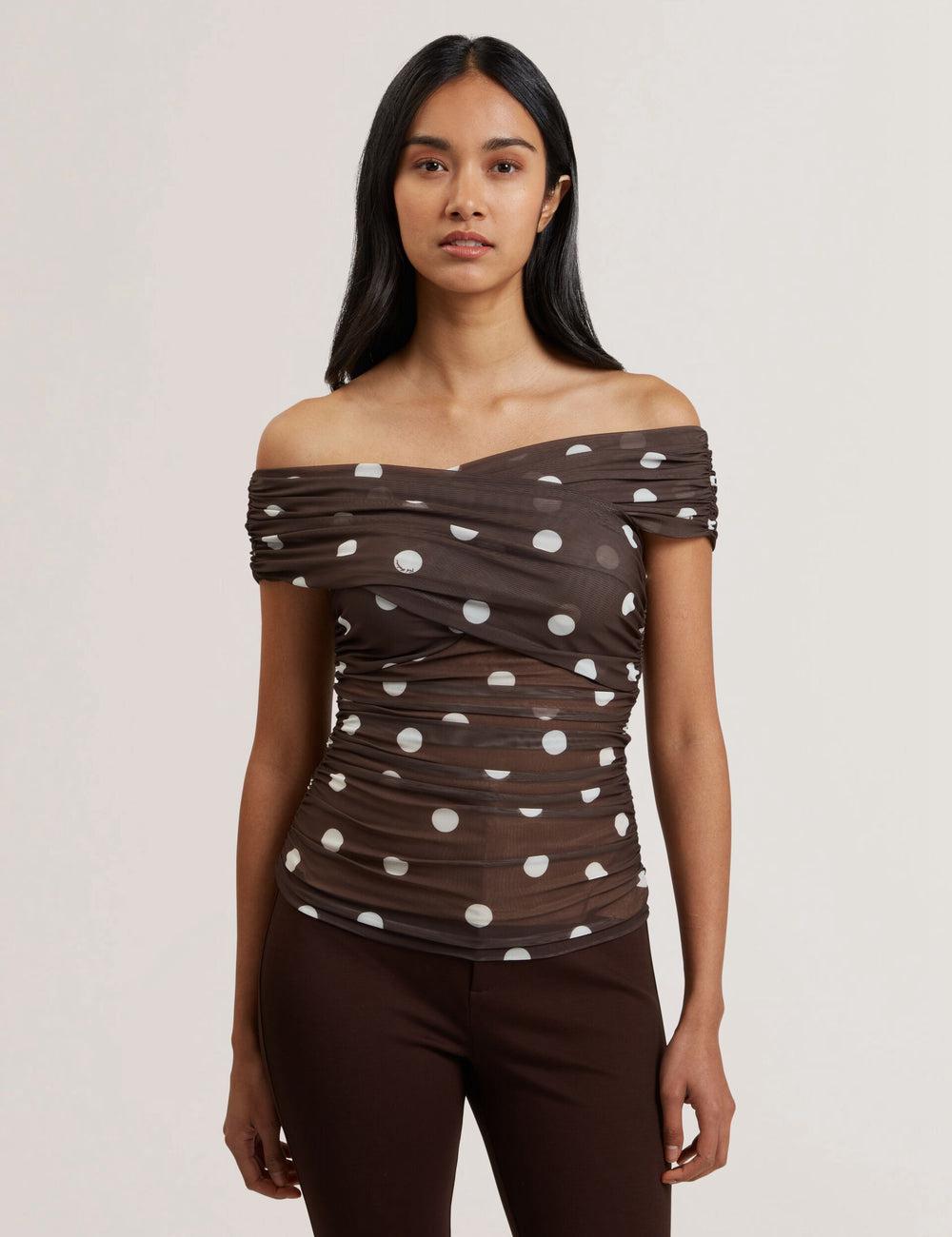 Ted Baker ZAAMO - Off-the-Shoulder Polka Dot Mesh Oberteile Damen Braun | YCXTR-9184