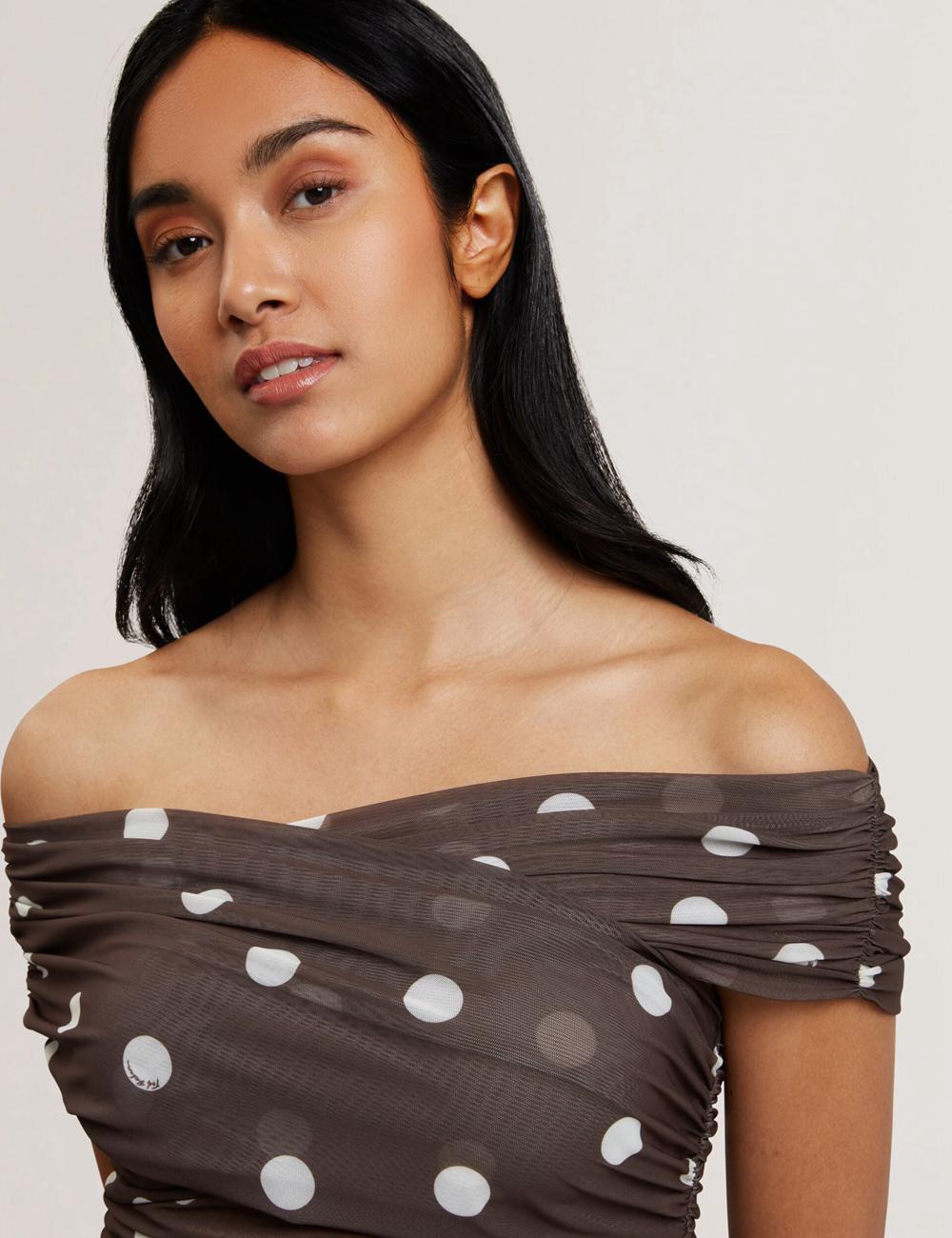 Ted Baker ZAAMO - Off-the-Shoulder Polka Dot Mesh Oberteile Damen Braun | YCXTR-9184
