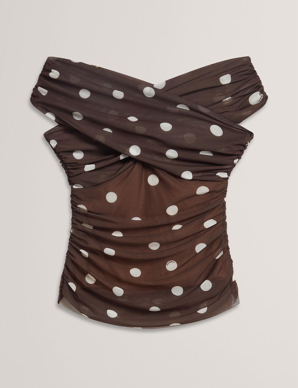 Ted Baker ZAAMO - Off-the-Shoulder Polka Dot Mesh Oberteile Damen Braun | YCXTR-9184