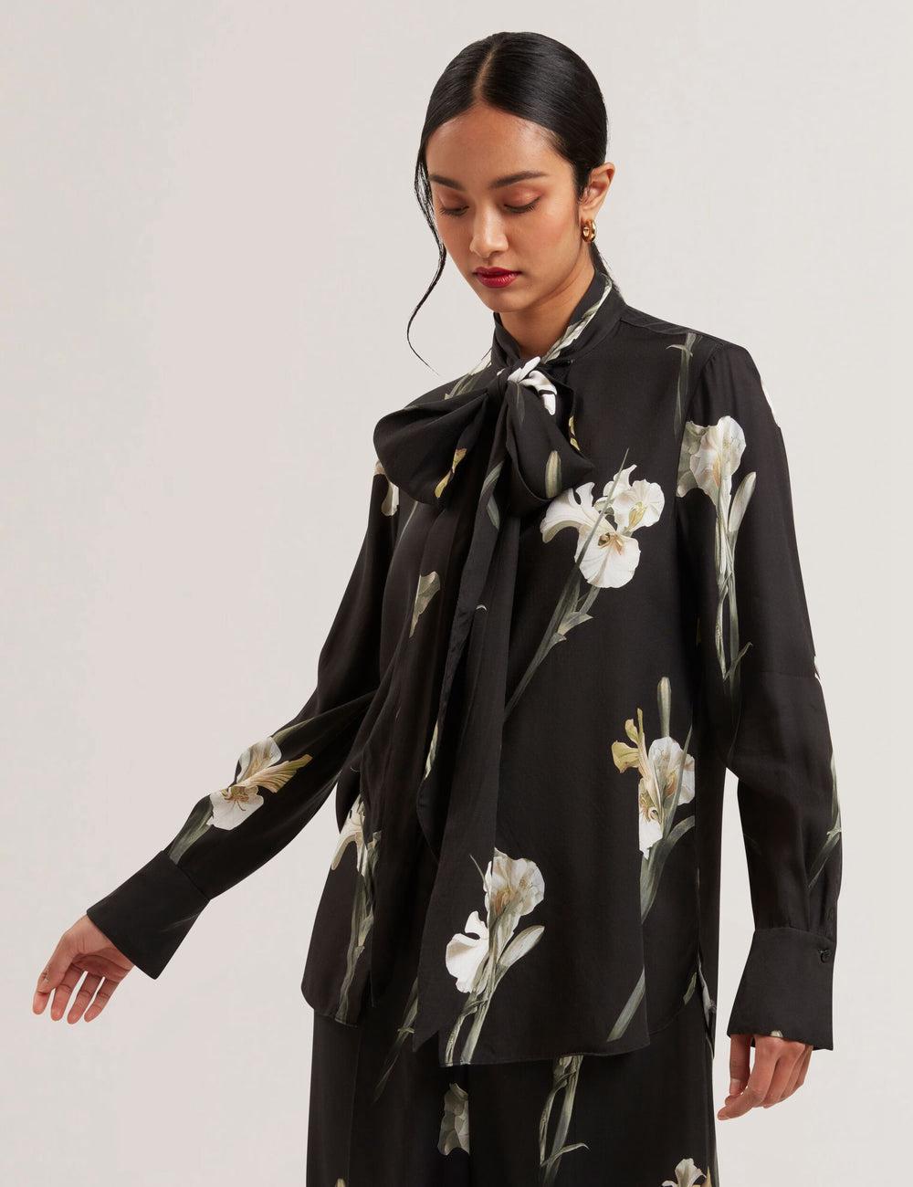 Ted Baker ZAKIIER - Neck Floral Print Long Sleeve Bluse Damen Schwarz | VDPIF-0625
