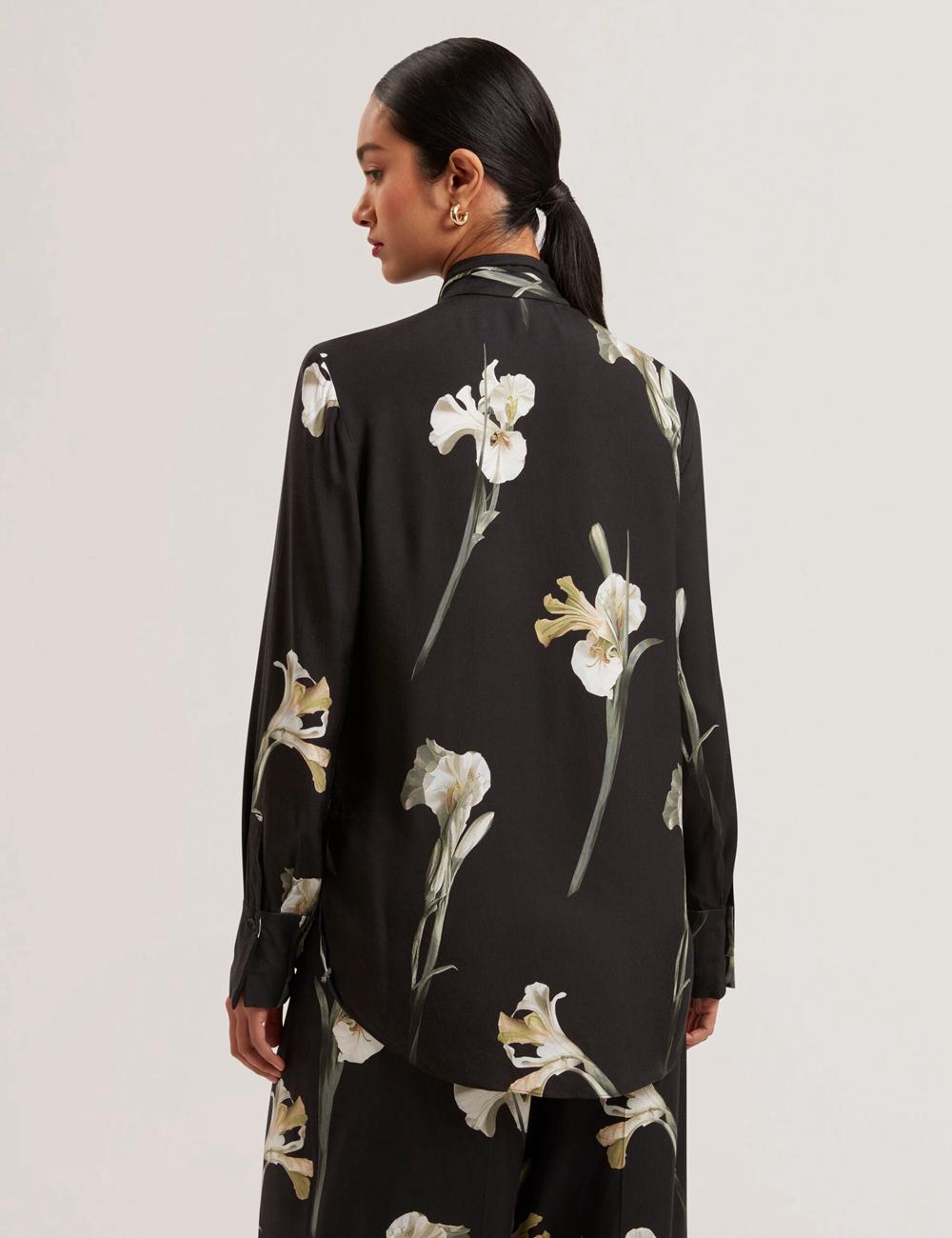 Ted Baker ZAKIIER - Neck Floral Print Long Sleeve Bluse Damen Schwarz | VDPIF-0625