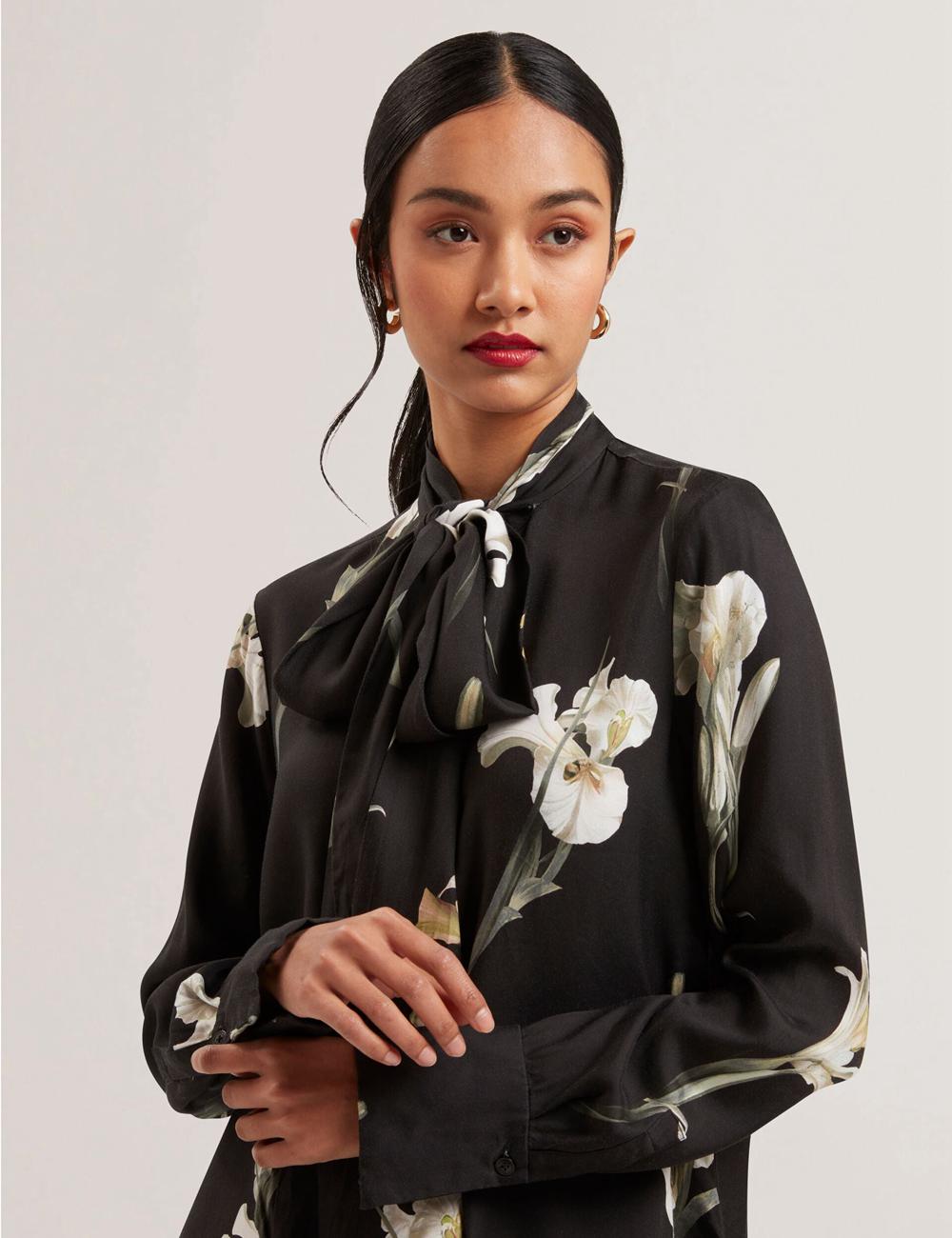 Ted Baker ZAKIIER - Neck Floral Print Long Sleeve Bluse Damen Schwarz | VDPIF-0625