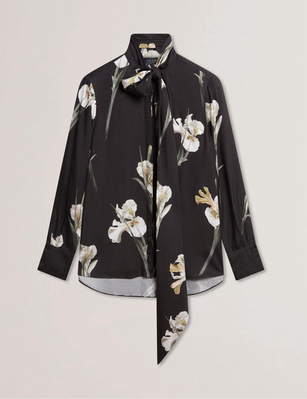 Ted Baker ZAKIIER - Neck Floral Print Long Sleeve Bluse Damen Schwarz | VDPIF-0625