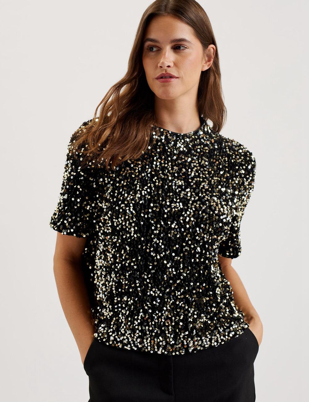 Ted Baker ZARHAAA - Sequined Velvet Short Sleeve Top Hemd Damen Schwarz | SOMUE-5170