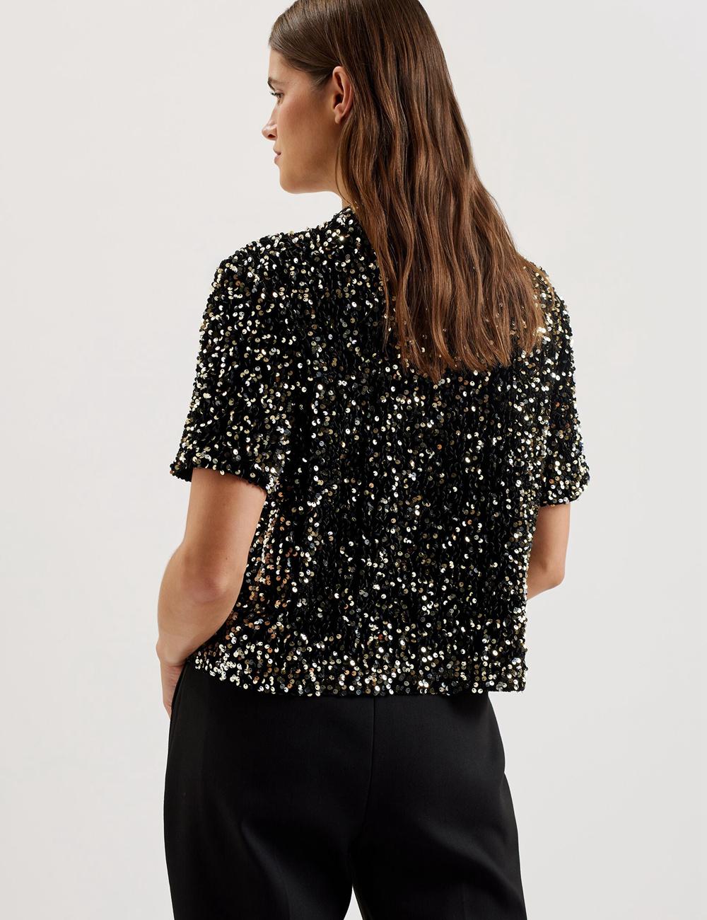 Ted Baker ZARHAAA - Sequined Velvet Short Sleeve Top Hemd Damen Schwarz | SOMUE-5170