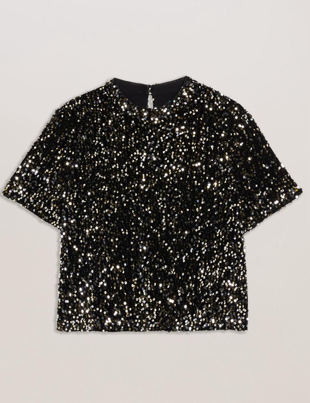 Ted Baker ZARHAAA - Sequined Velvet Short Sleeve Top Hemd Damen Schwarz | SOMUE-5170